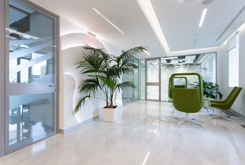 Recepção da clínica com luz natural e plantas